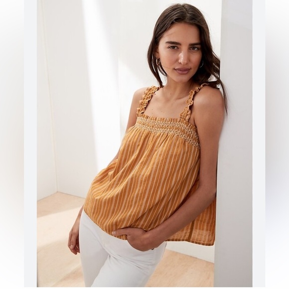 Banana Republic striped embroidered smocked neck top sz XL - Picture 5 of 7